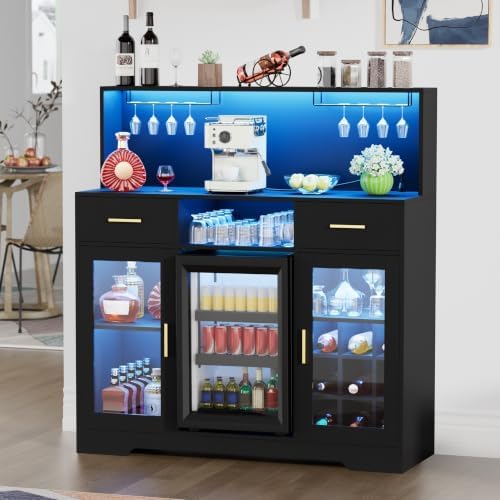 Home Bar And Fridge - ตู้เย็นขนาดเล็กพร้อมที่เก็บของ, ตู้เก็บไวน์สำหรับบ้านพร้อมไฟ LED และเต้าเสียบไฟฟ้า, ตู้เก็บกาแฟพร้อมตู้เย็นขนาดเล็ก