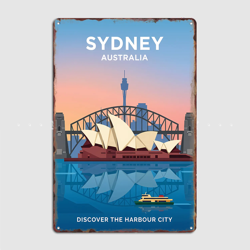 Home Bar Sydney - ซิดนีย์โอเปร่าเฮาส์และสะพานฮาร์เบอร์ โปสเตอร์ทิวทัศน์ที่สวยงาม โปสเตอร์สไตล์เรโทร สำหรับตกแต่งโรงรถ คลับ บาร์