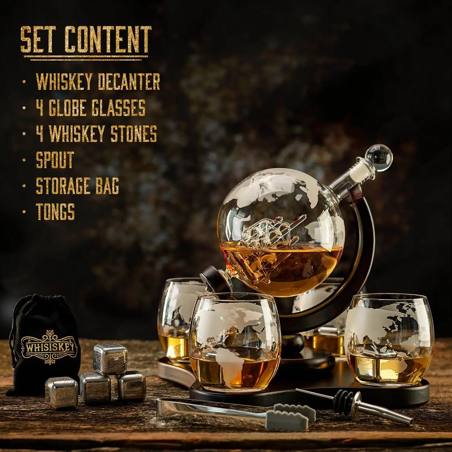 Decanter Globe Set - Nancihui ขวดแก้วใส่เหล้าสุดสร้างสรรค์4ถ้วยตวงวิสกี้สวนในขวดแก้วขวดไวน์สำนักงานห้องนั่งเล่น/เครื่องประดับรูปลูกโลก