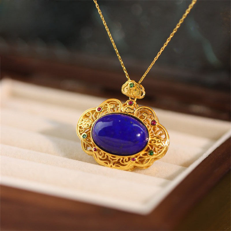 Bar Cart Gold - สร้อยคอ Lapis Lazuli แบบคลาสสิกเครื่องประดับแฟชั่นสำหรับงานฝีมือสีทองแบบโบราณที่เรียบง่ายจี้คริสตัลกลวงสีน้ำเงินเข้ม