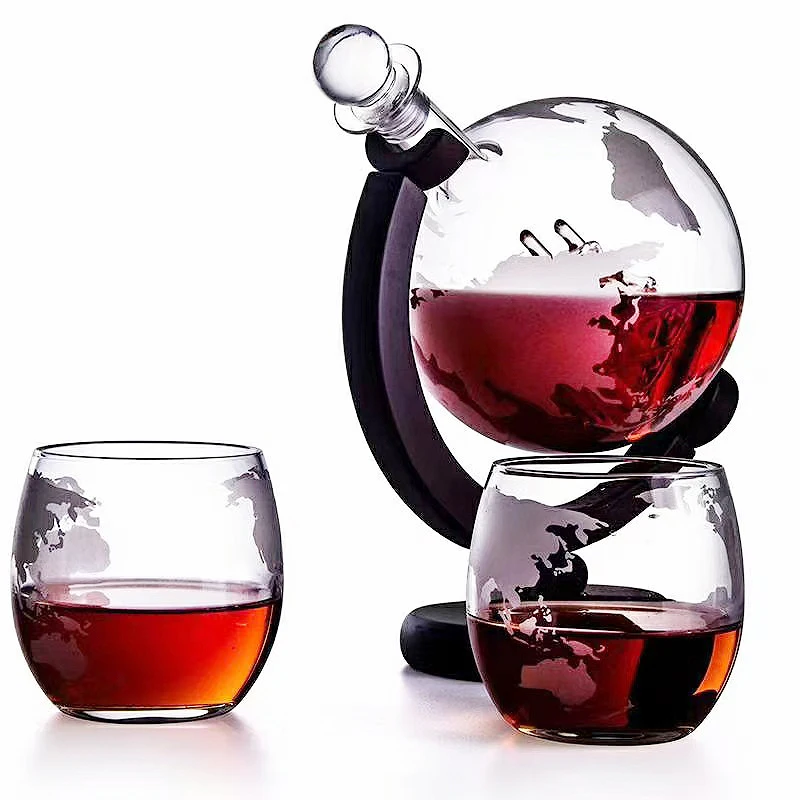 Decanter Globe Set - แก้ววิสกี้ชุดคริสตัลลูกโลกเหล้า Carafe สําหรับวิสกี้วอดก้าเรือใบในขวดเหล้าไม้สําเร็จรูปขาตั้งบาร์เครื่องมือถ้วยร้อน