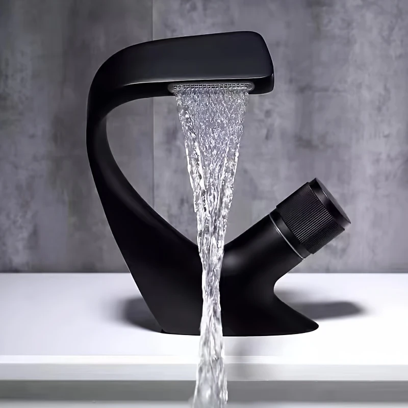 Home Bar Sink - ก๊อกน้ำอ่างล้างหน้าทองแดงสีดำแบบน้ำตก ร้อนและเย็น ก๊อกน้ำอ่างล้างหน้าแบบติดตั้งใต้เคาน์เตอร์ ก๊อกน้ำแบบรูเดียว