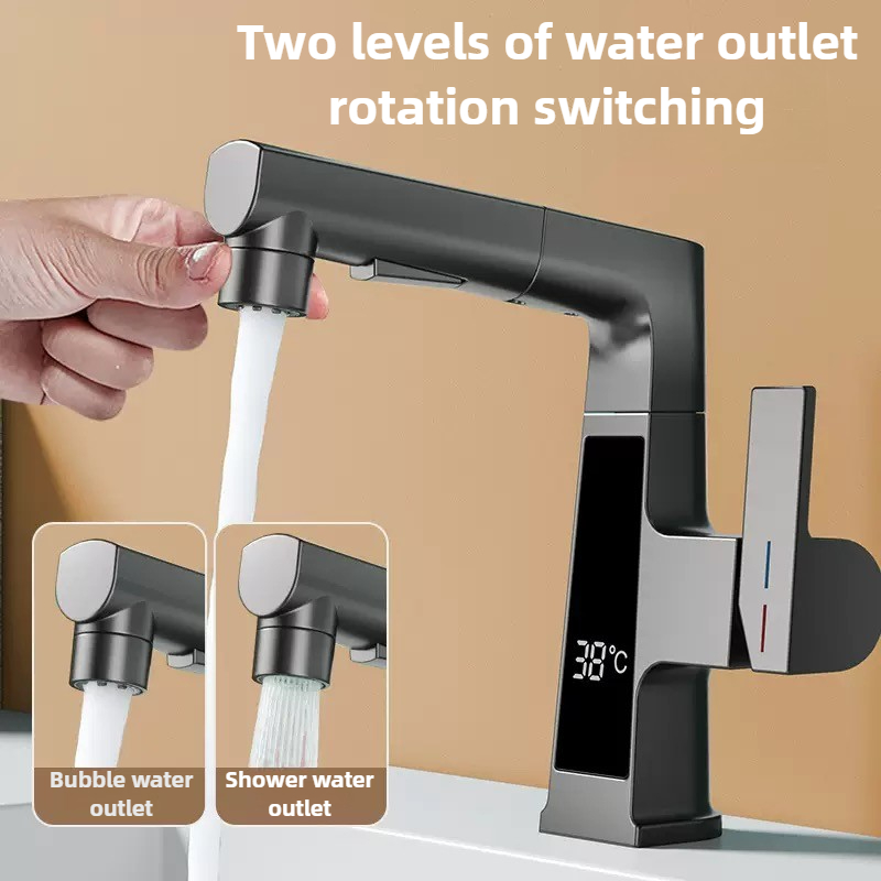Home Bar Sink - ก๊อกน้ำแบบดิจิตอลพร้อมเซ็นเซอร์อุณหภูมิอัจฉริยะ ก๊อกน้ำทองเหลืองสำหรับอ่างล้างหน้า หมุนยกได้ ผสมน้ำร้อนน้ำเย็น