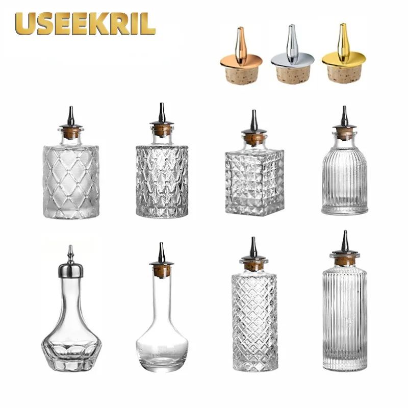 Bitters Bottle Set - ขวดเหล้าบาร์ค็อกเทลพร้อมฝาปิดแก้ววินเทจพร้อมฝาสแตนเลสเครื่องมือเครื่องปรุงในครัวอุปกรณ์เสริมของบาร์เทนเดอร์