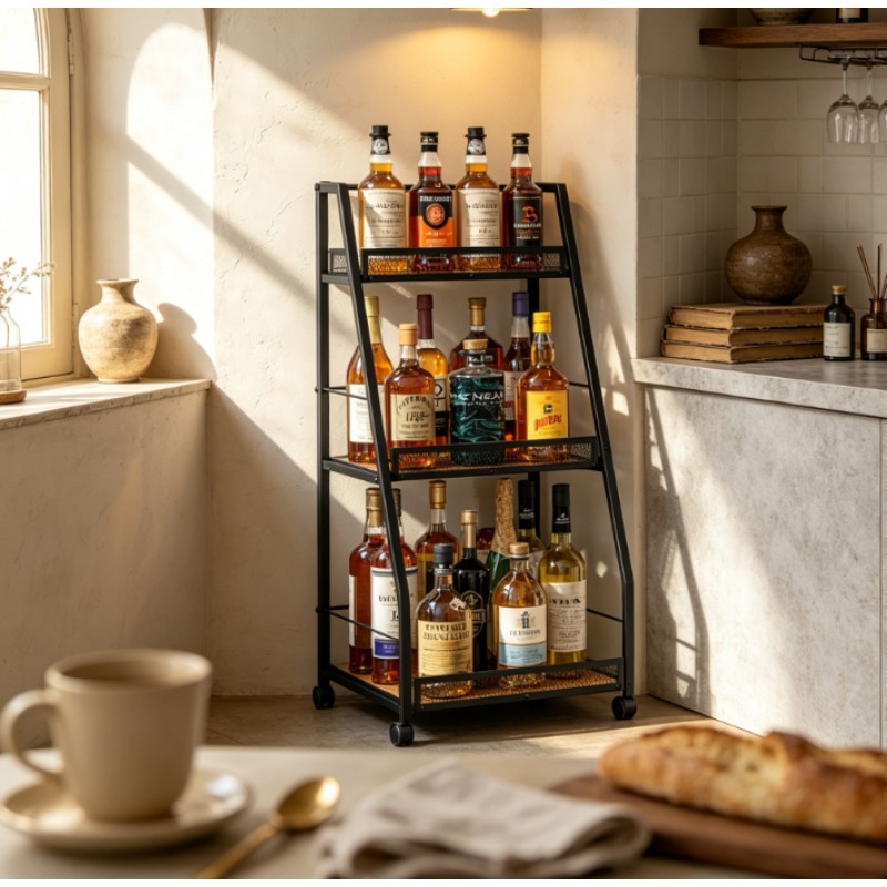 Home Bar Shelves - ชั้นวางไวน์แบบบันได 3 ชั้น ตั้งพื้นอิสระสำหรับบาร์ในบ้าน - ที่วางขวดอเนกประสงค์ประหยัดพื้นที่สำหรับขวดหลากหลายรูปทรง